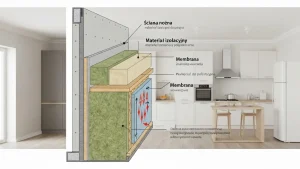 Przekrój ściany z materiałem izolacyjnym od wewnątrz – warstwy, membrana, punkt rosy