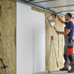 Pracownik montuje izolację termiczną na ścianie garażu, widoczne materiały do ocieplenia i narzędzia.