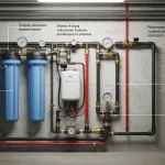System oczyszczania wody ze studni z zestawem filtrów i zbiornika akumulacyjnego w piwnicy domu