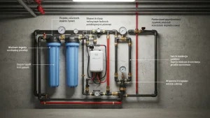 System oczyszczania wody ze studni z zestawem filtrów i zbiornika akumulacyjnego w piwnicy domu