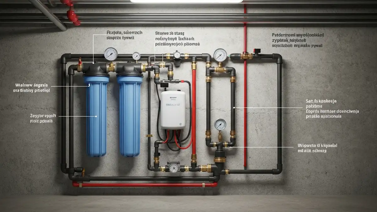 System oczyszczania wody ze studni z zestawem filtrów i zbiornika akumulacyjnego w piwnicy domu