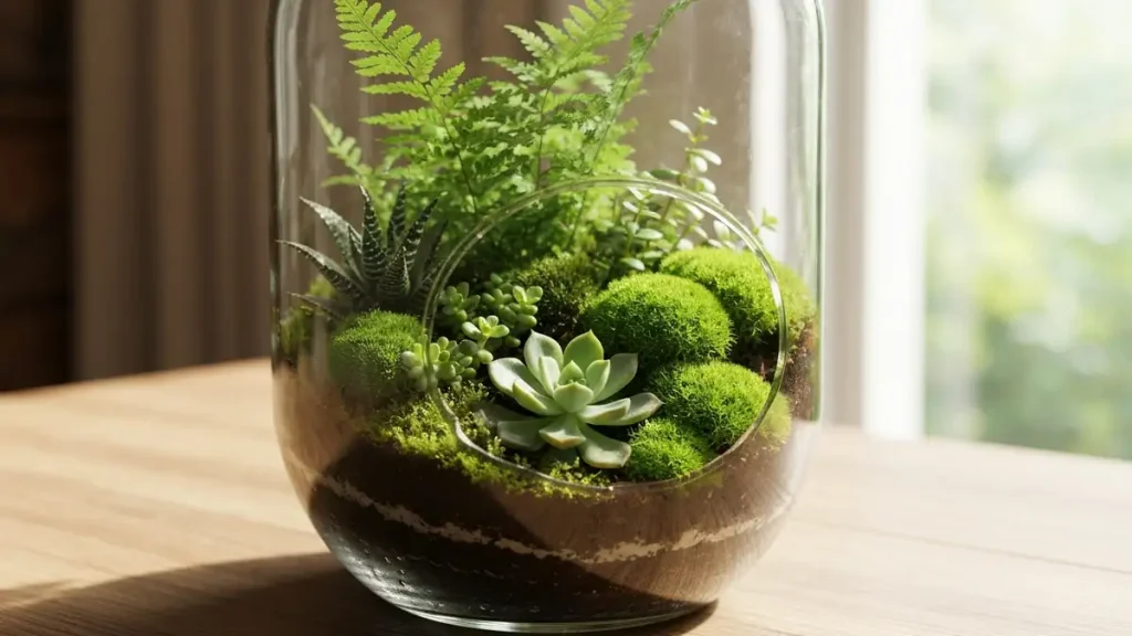 Piękne terrarium zamknięte w szklanym pojemniku z paprotkami, sukulentami i mszycą na drewnianym stole