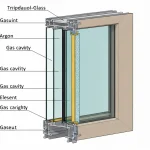Przekrój poprzeczny okna trzyszybowego z zaznaczeniem szyb, gazów i uszczelek