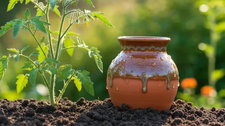 Ceramiczna olla osadzona w gruncie obok rośliny pomidora z bujną zielenią