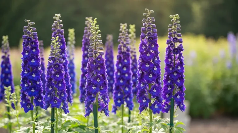 Ostróżka ogrodowa (delphinium) w pełnym rozkwicie, niebieskie i fioletowe kwiaty na wysokim pędzie, w ogrodzie.