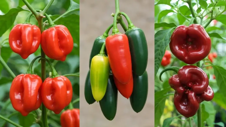 Trzy odmiany papryki ostrej: habanero, jalapeño i carolina reaper na jednym zdjęciu pokazującym dojrzałe owoce w różnych kolorach