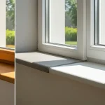 Różne rodzaje parapetów wewnętrznych – drewniany, konglomeratowy i PCV obok siebie przy oknie