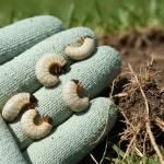 Pędraki – larwy chrabąszcza majowego w rękach na tle trawy