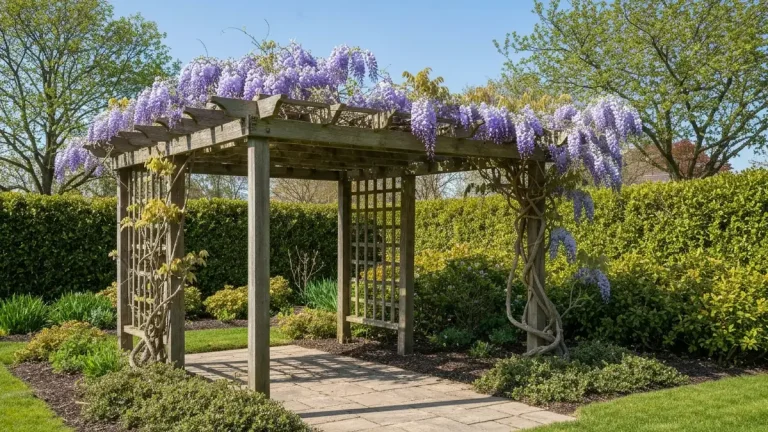 Drewniana pergola ogrodowa porośnięta fioletową wistarią w słonecznym małym ogrodzie