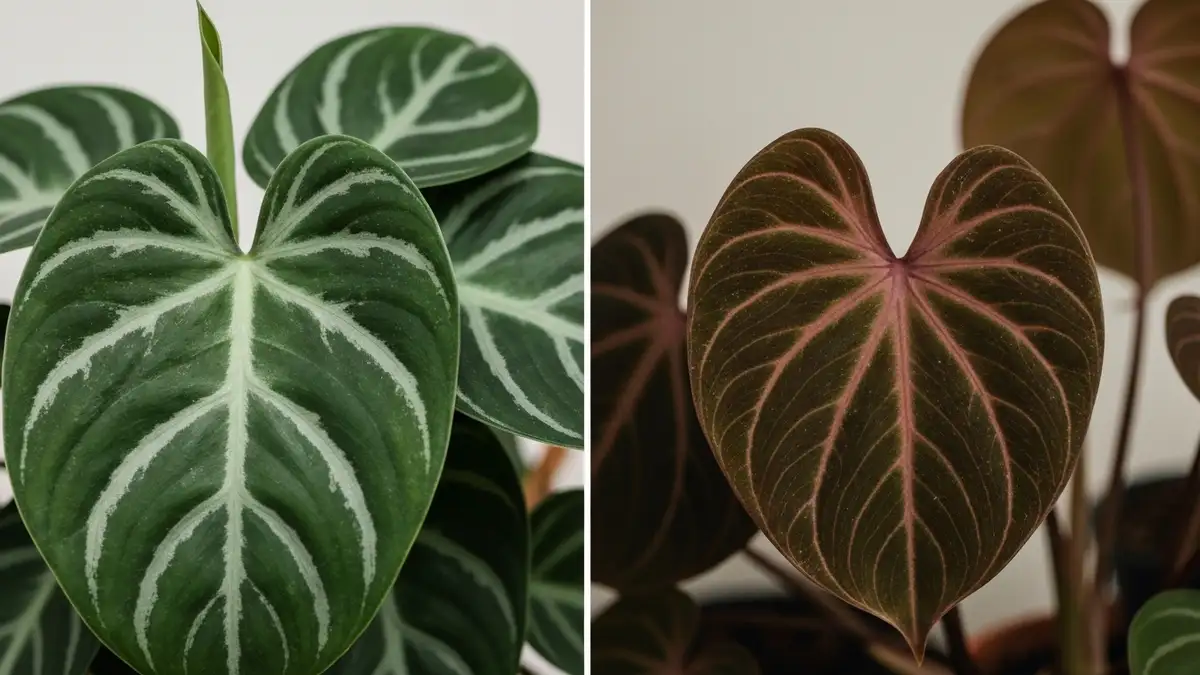 Porównanie liści philodendron gloriosum i verrucosum – srebrne żyłki versus bordowe żyłki