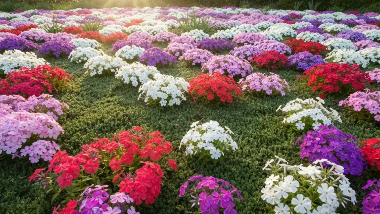 Kolorowe dywany floksa szydłastego (phlox subulata) w ogrodzie wiosennym