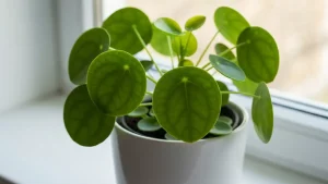 Pilea peperomioides – roślina pieniążkowa w białej donicy na parapecie z jasnym światłem