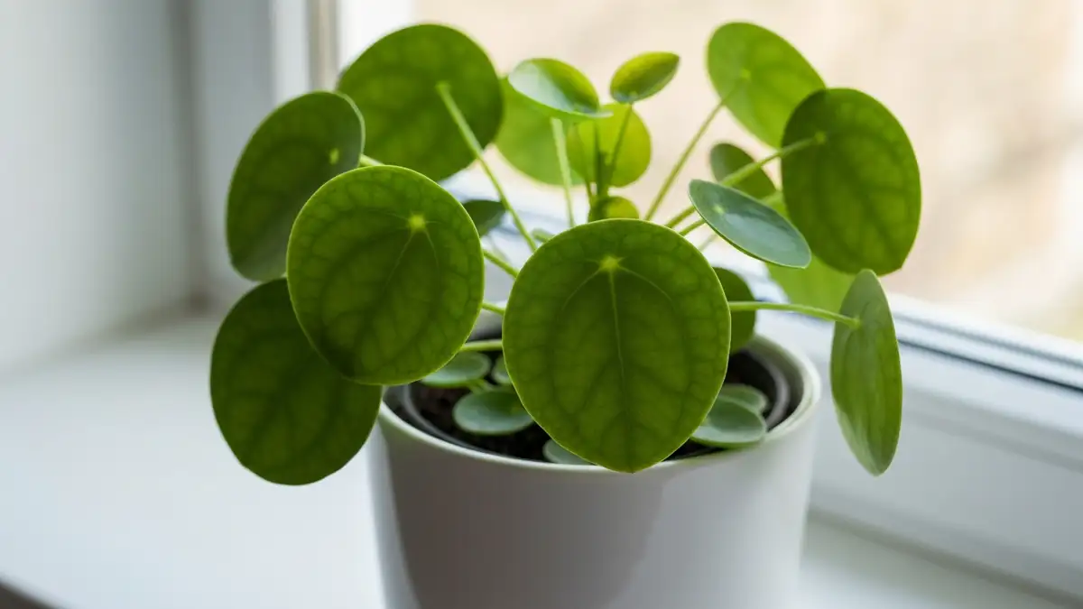 Pilea peperomioides – roślina pieniążkowa w białej donicy na parapecie z jasnym światłem