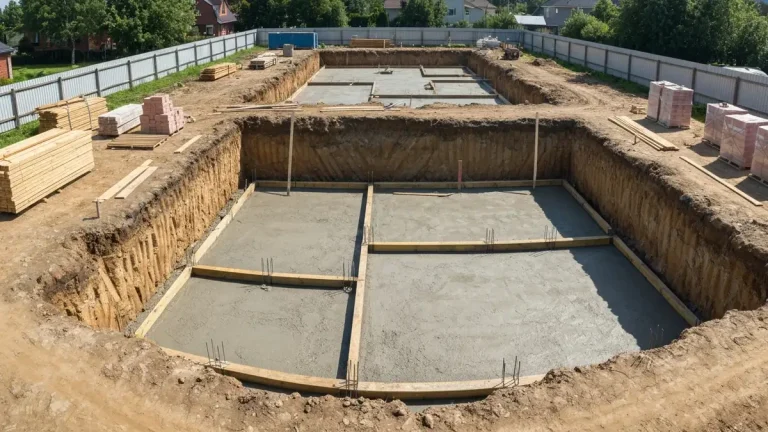 Rozkopany fundament domu z elementami budowy piwnice pod ziemią, widok z góry na wykopy i przygotowanie gruntu