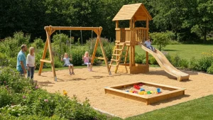 Drewniany plac zabaw w ogrodzie z huśtawką, piaskownicą i zjeżdżalnią DIY