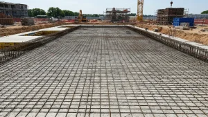 Wykonana płyta fundamentowa z widokiem zbrojenia stalowego i wyrównanej powierzchni betonu