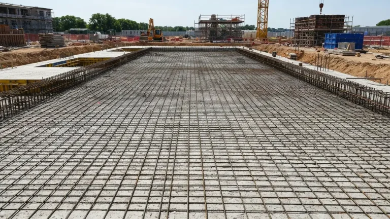 Wykonana płyta fundamentowa z widokiem zbrojenia stalowego i wyrównanej powierzchni betonu