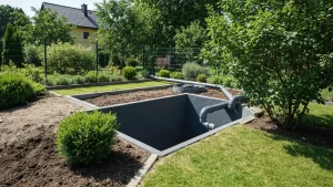Podziemny zbiornik na deszczówkę częściowo widoczny w ziemi z rynną odprowadzającą wodę, obok narzędzia montażowe