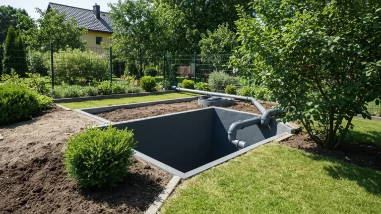 Podziemny zbiornik na deszczówkę częściowo widoczny w ziemi z rynną odprowadzającą wodę, obok narzędzia montażowe