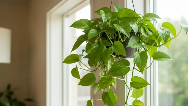 Pothos epipremnum z zielonymi liśćmi na drewnianym krześle w jasnym pokoju z oknem