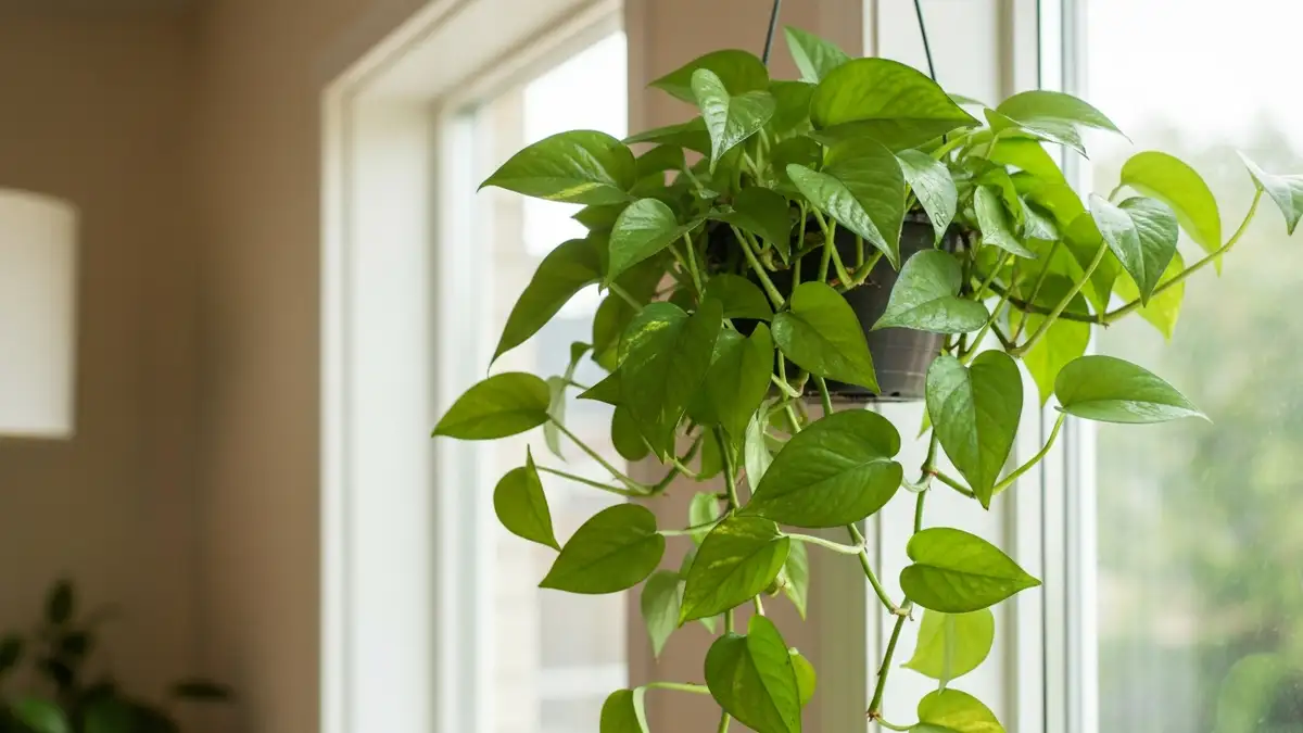 Pothos epipremnum z zielonymi liśćmi na drewnianym krześle w jasnym pokoju z oknem