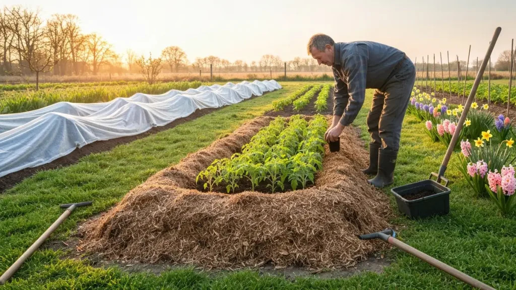 Ogrodnik sadzący sadzonki pomidorów w kwietnia, z agrotextile i narzędziami obok