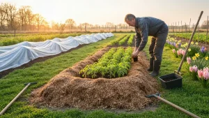 Ogrodnik sadzący sadzonki pomidorów w kwietnia, z agrotextile i narzędziami obok