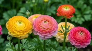 Ranunculus w ogrodzie – kolorowe kwiaty jaskra azjatyckiego w pełnym rozkwicie na słonecznym stanowisku