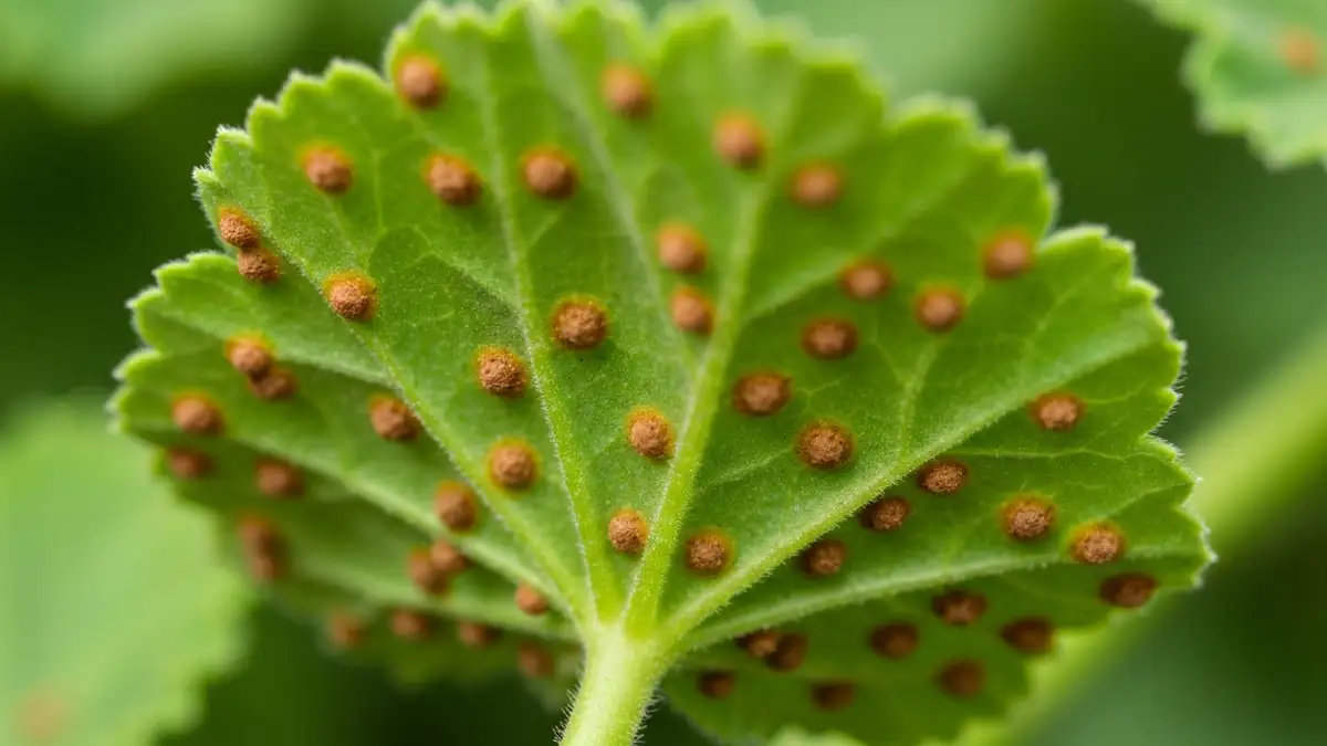Rdza na liściach pelargonum – brązowe plamki na liściu