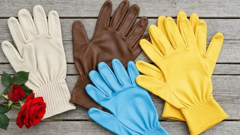 Różne typy rękawic ogrodowych w kolorach: bawełna beżowa, skóra brązowa, latex żółty, nitryl błękitny, rozłożone na drewnianym stole obok róż