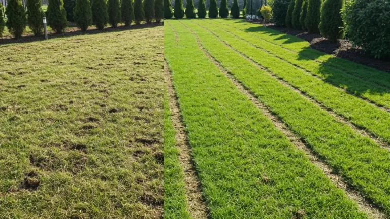 Renowacja zniszczonego trawnika – porównanie przed i po, przedstawiające areację, piernikowanie i wysiewanie nasion