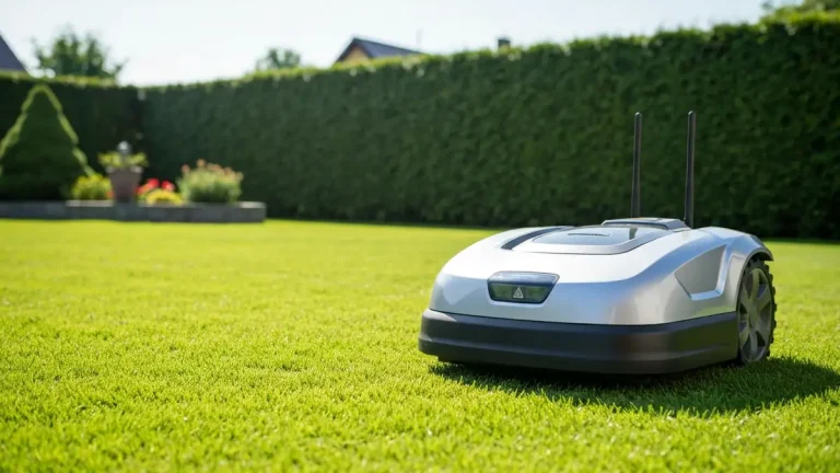 Robot koszący bez drutu granicy z systemem GPS na zielonym trawniku w słonecznym ogrodzie