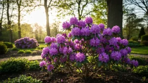 Rododendron Novosibirsk z fioletowymi kwiatami w pełnym kwitnięciu w polskim ogrodzie