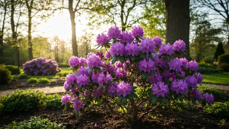 Rododendron Novosibirsk z fioletowymi kwiatami w pełnym kwitnięciu w polskim ogrodzie