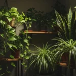 Kolekcja roślин doniczkowych rosnących w ciemnym, mało oświetlonym pokoju – epipremnum, scindapsus, sansewieria i chlorophytum na półkach