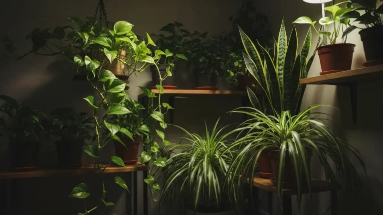 Kolekcja roślин doniczkowych rosnących w ciemnym, mało oświetlonym pokoju – epipremnum, scindapsus, sansewieria i chlorophytum na półkach