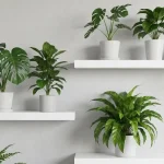 Rośliny doniczkowe do łazienki – monstera, spathiphyllum i paproci w doniczkach na białych półkach w łazience z parą wodną