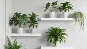 Rośliny doniczkowe do łazienki – monstera, spathiphyllum i paproci w doniczkach na białych półkach w łazience z parą wodną