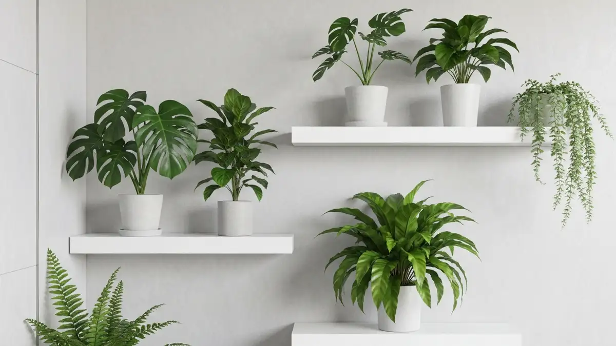 Rośliny doniczkowe do łazienki – monstera, spathiphyllum i paproci w doniczkach na białych półkach w łazience z parą wodną