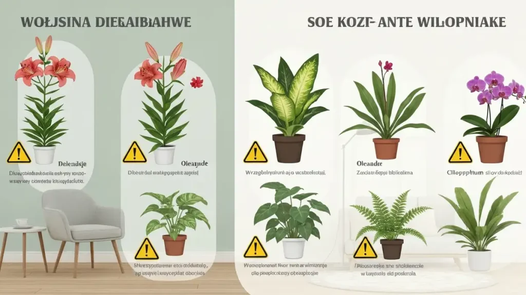 Ilustracja pokazująca rośliny trujące w domu obok bezpiecznych alternatyw z ikonami ostrzeżenia