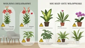 Ilustracja pokazująca rośliny trujące w domu obok bezpiecznych alternatyw z ikonami ostrzeżenia