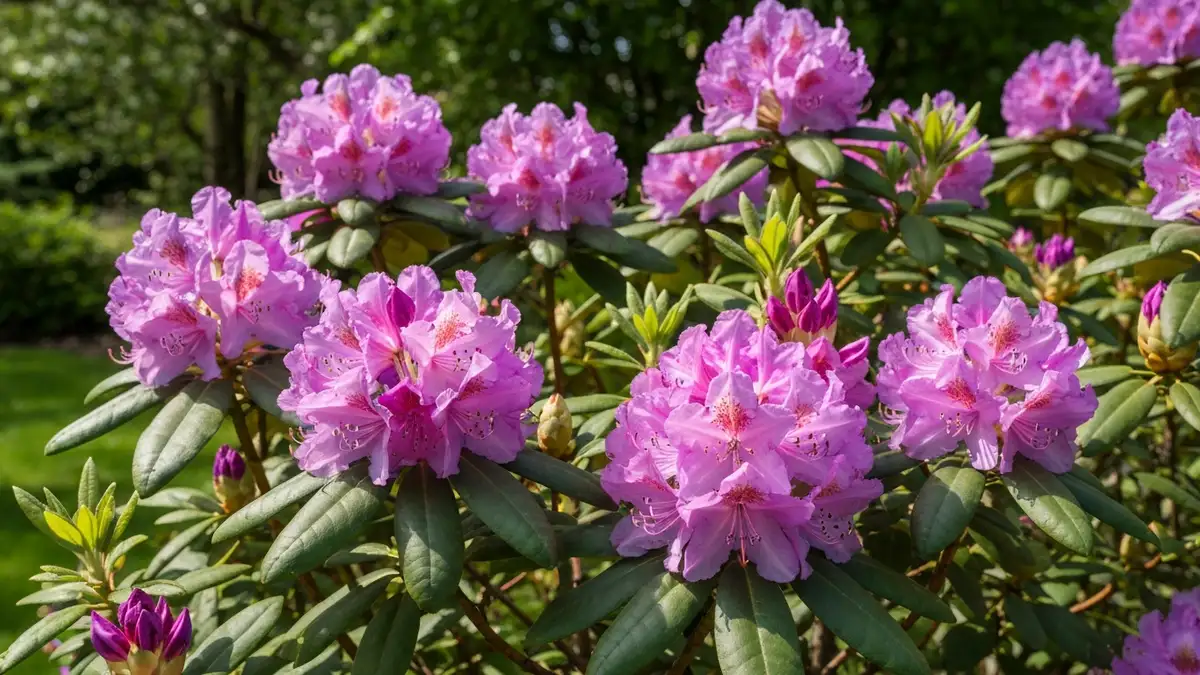 Różanecznik (rododendron) w pełnym kwitnięciu z różowymi i fioletowymi kwiatami w ogrodzie