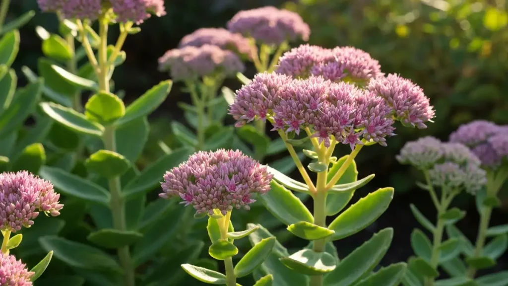 Rozchodnik okazały (Sedum spectabile) Autumn Joy w pełnym rozkwicie w jesiennym ogrodzie, różowe kwiaty w baldachach na tle zielonej roślinności