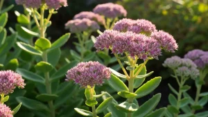 Rozchodnik okazały (Sedum spectabile) Autumn Joy w pełnym rozkwicie w jesiennym ogrodzie, różowe kwiaty w baldachach na tle zielonej roślinności