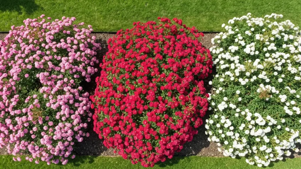 Róże okrywowe różnych kolorów rosnące w ogrodzie – Pink Flower Carpet, Red Flower Carpet i White Flower Carpet tworzą dywan kwiatów