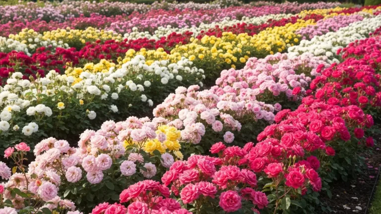 Róże rabatowe floribunda o różnych kolorach rosnące w grupie na słonecznej rabatce kwiatowej