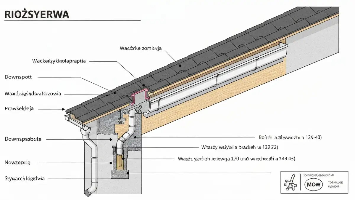 Przekrój systemu odwodnienia dachu z rynną, rurami spustowymi i elementami połączeniowymi