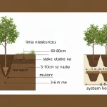 Diagram sadzenia drzewa owocowego z zaznaczonymi odległościami, głębokością i podporą
