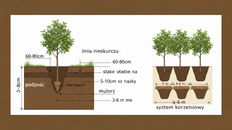 Diagram sadzenia drzewa owocowego z zaznaczonymi odległościami, głębokością i podporą