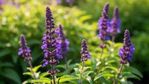 Salvia nemorosa May Night – fioletowe kwiaty na tle zielonej roślinności w ogrodzie